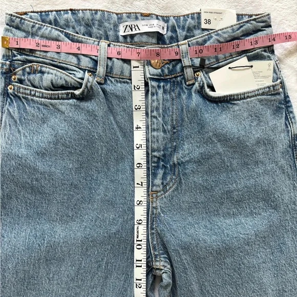 ZARA High Rise Full Length Straight Leg Blue Jeans--6 - Picture 15 of 16